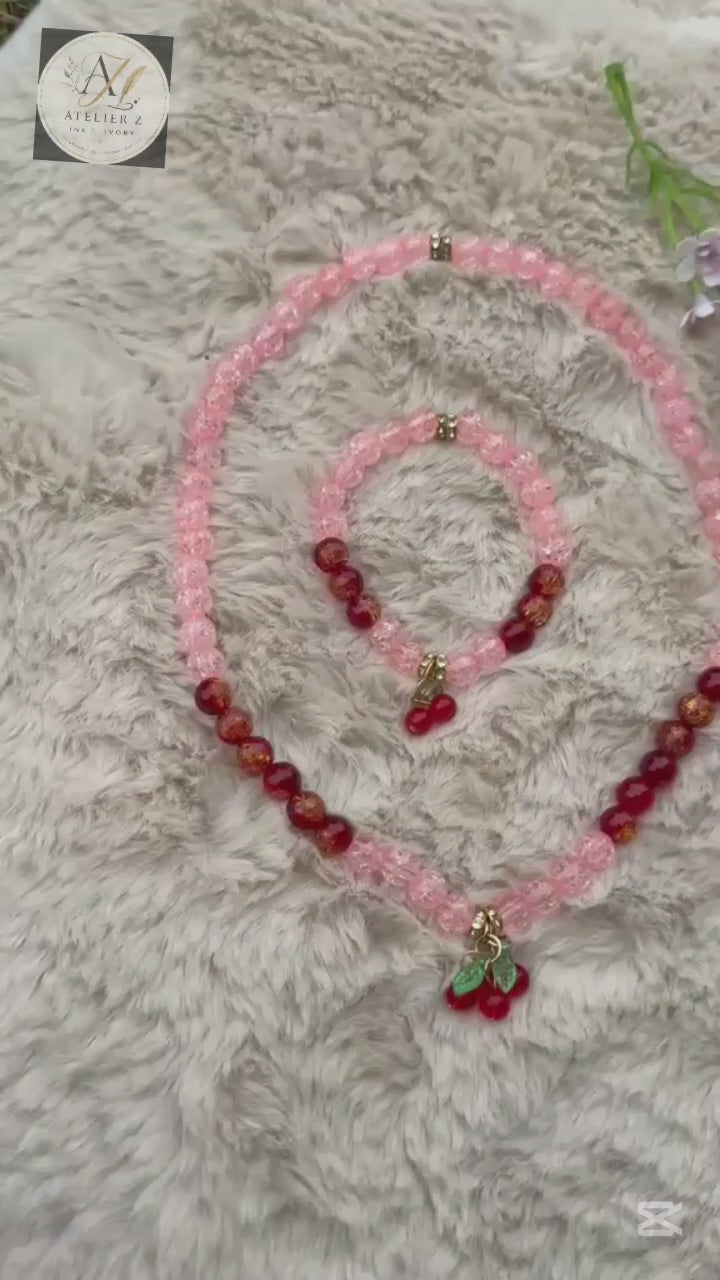 Red Cherry Blush Jewelry Set | Pearl Necklace & Bracelet