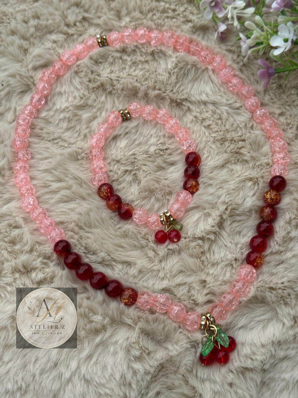 Red Cherry Blush Jewelry Set | Pearl Necklace & Bracelet