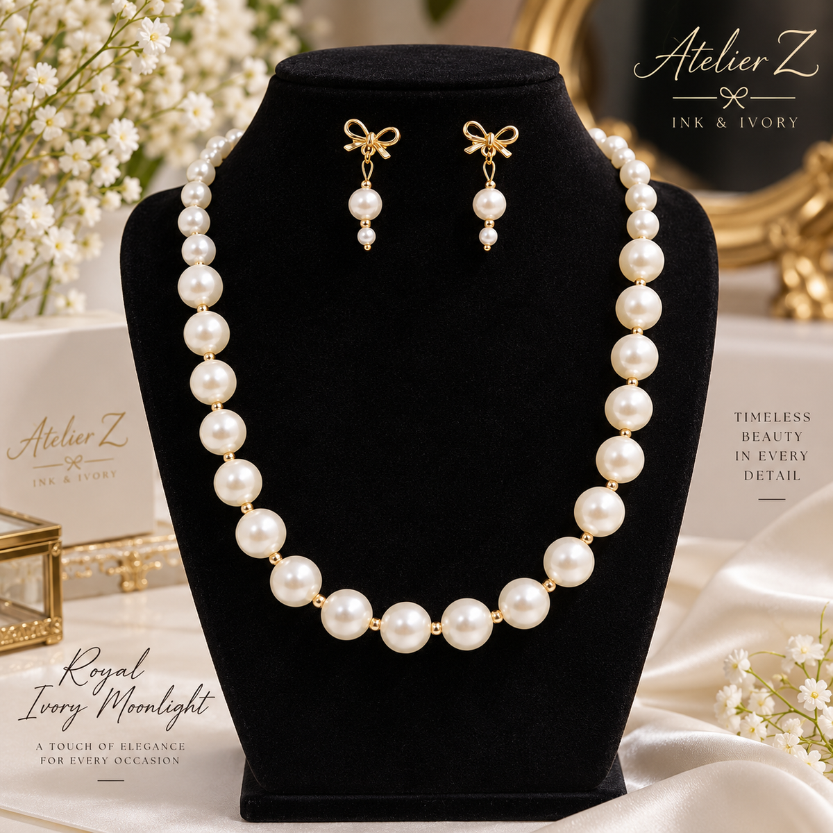 Royal Ivory Moonlight | Pearl Necklace & Earrings Set