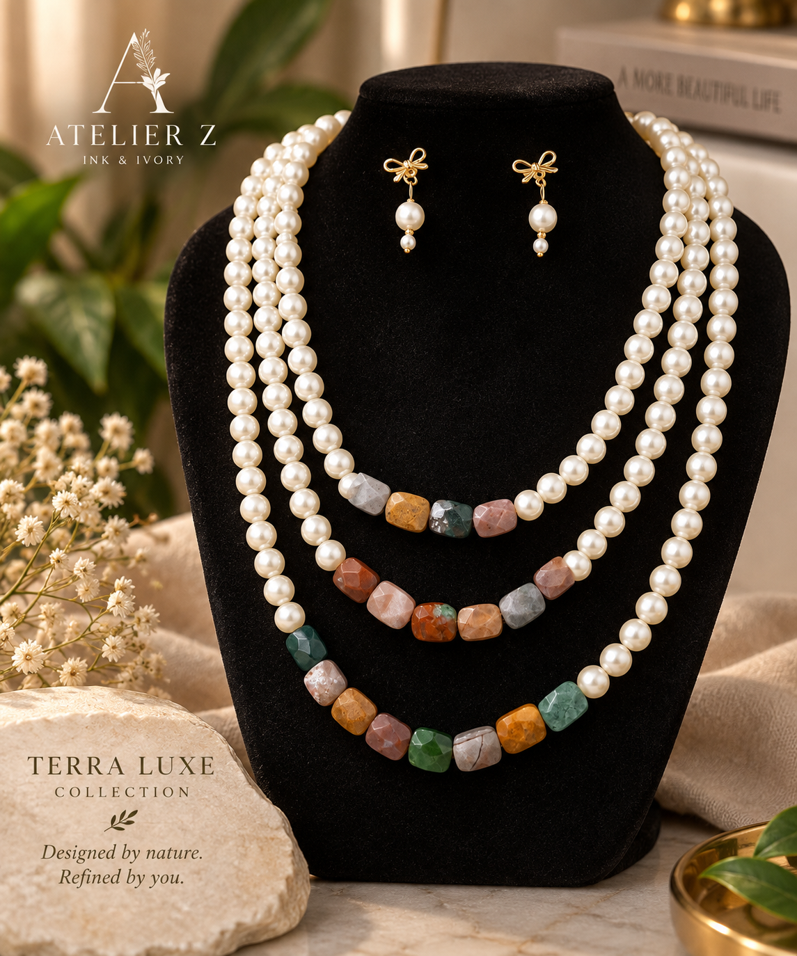 Terra Luxe | 3-Layer Natural Stone & Pearl Necklace