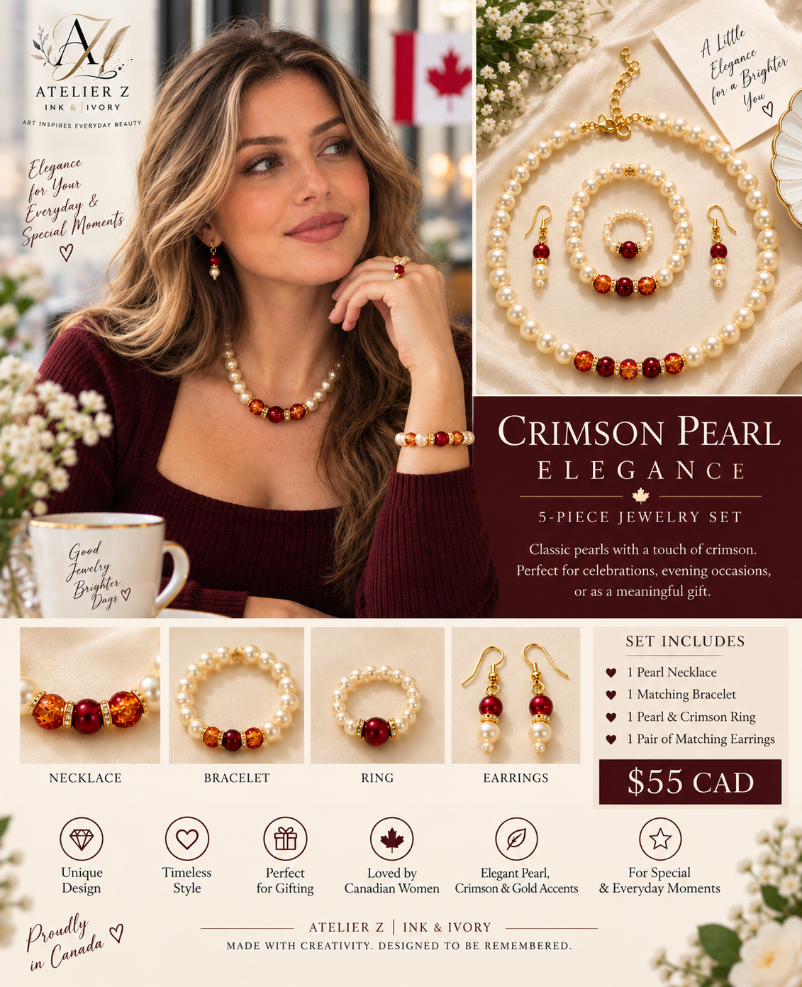 Elegant Pearl 5-Piece Jewelry Set | Necklace, Bracelet, Earrings & Ring