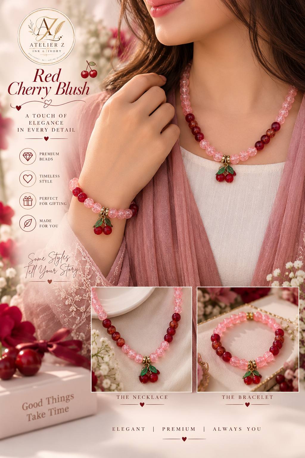 Red Cherry Blush Jewelry Set | Pearl Necklace & Bracelet