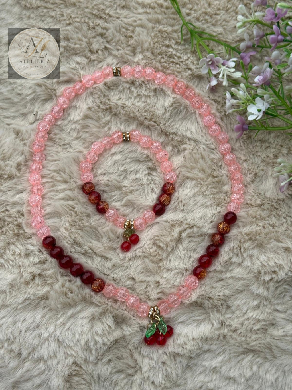 Red Cherry Blush Jewelry Set | Pearl Necklace & Bracelet
