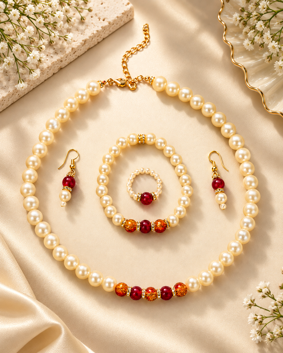 Elegant Pearl 5-Piece Jewelry Set | Necklace, Bracelet, Earrings & Ring