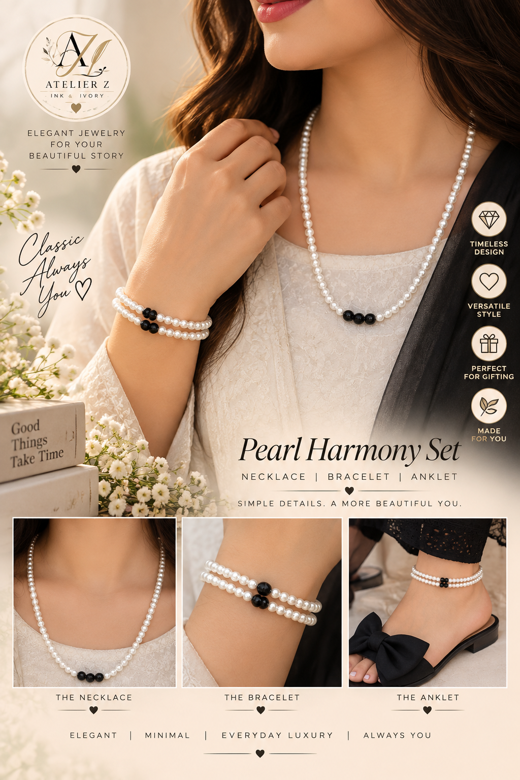 Pearl Harmony 3-Piece Jewelry Set | Necklace, Bracelet & Anklet